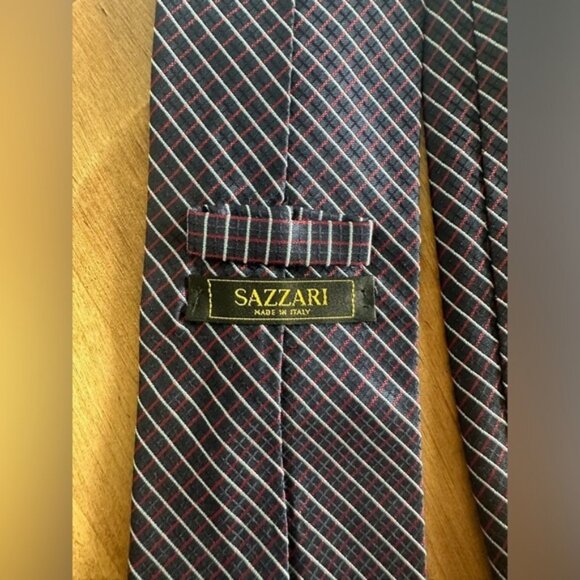 Sazzari 100% Silk Tie Mens One Size Black Red White Striped Design Excellent - Picture 4 of 5